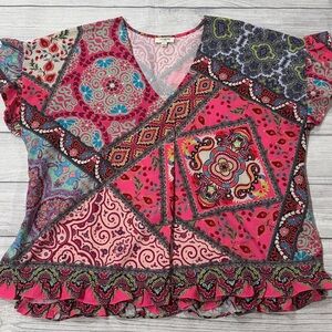 Umgee Multicolored Patched Pattern Relaxed Fit Blouse